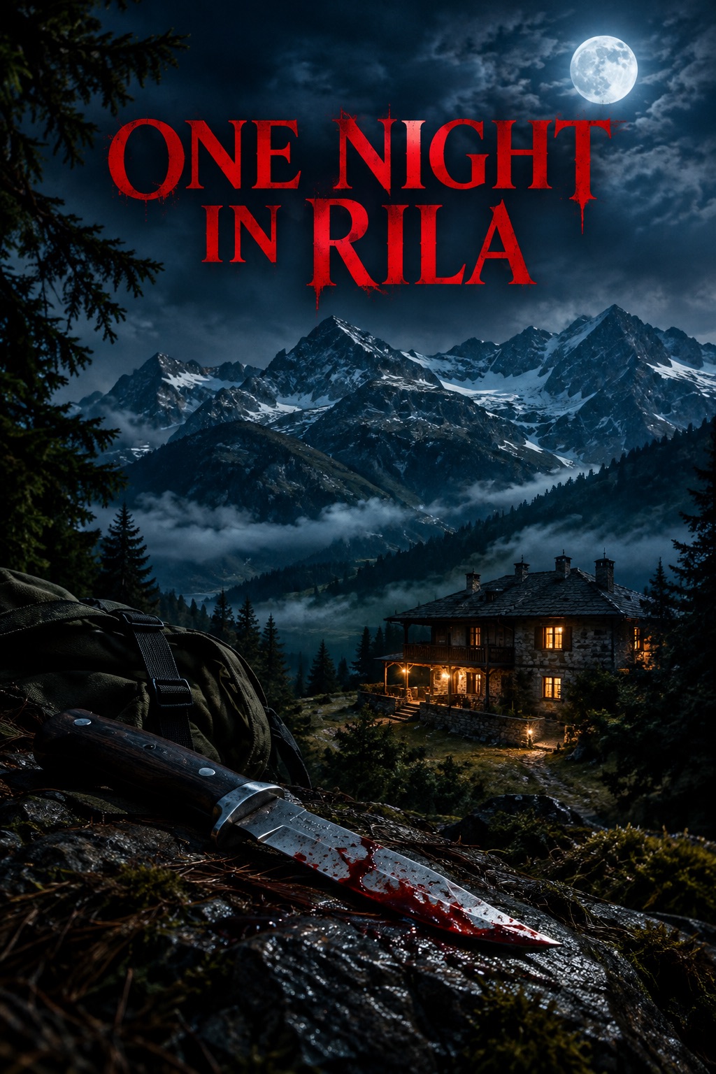 One Night in Rila poster: a lit villa beneath the moonlit Rila Mountains, a bloodied knife in the foreground